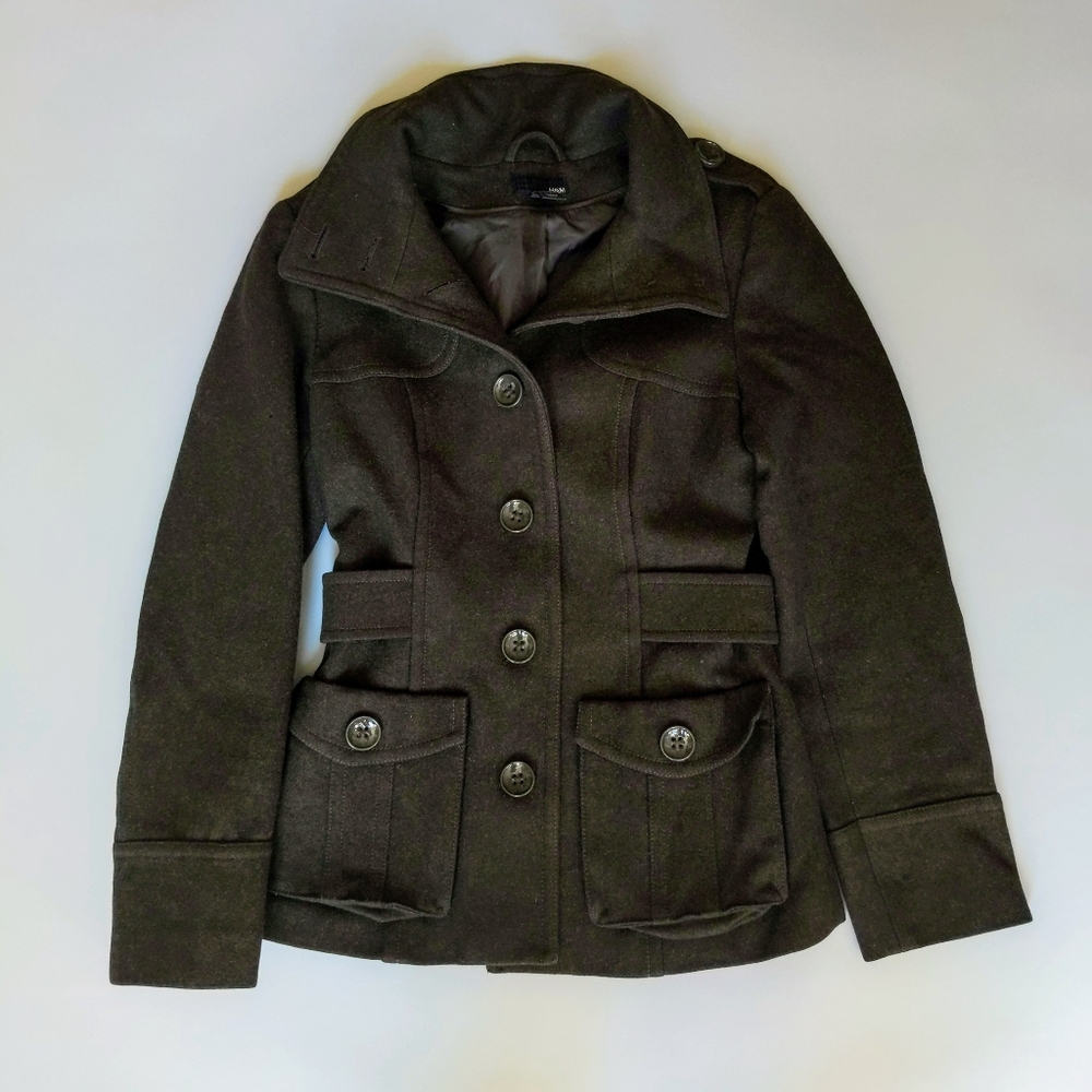 H&M Wool Military Style Coat Olive Green - Picture 3 of 11